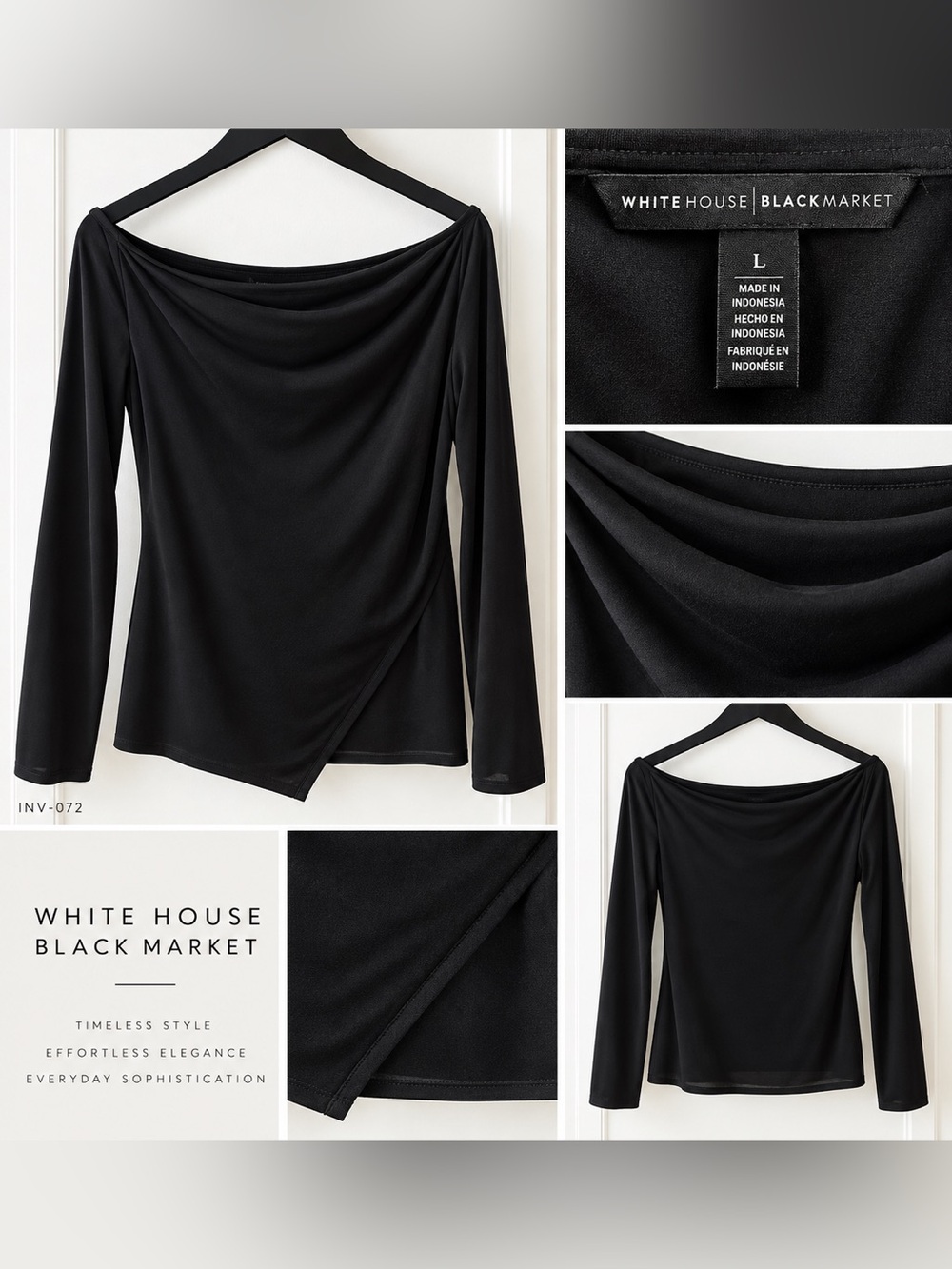 White House Black Market Black Asymmetric Draped Long Sleeve Top